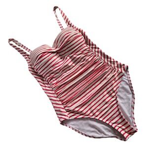 Nip Tuck Swim Red White Striped Ruched One Piece Swimsuit Multi Fit Cup 8